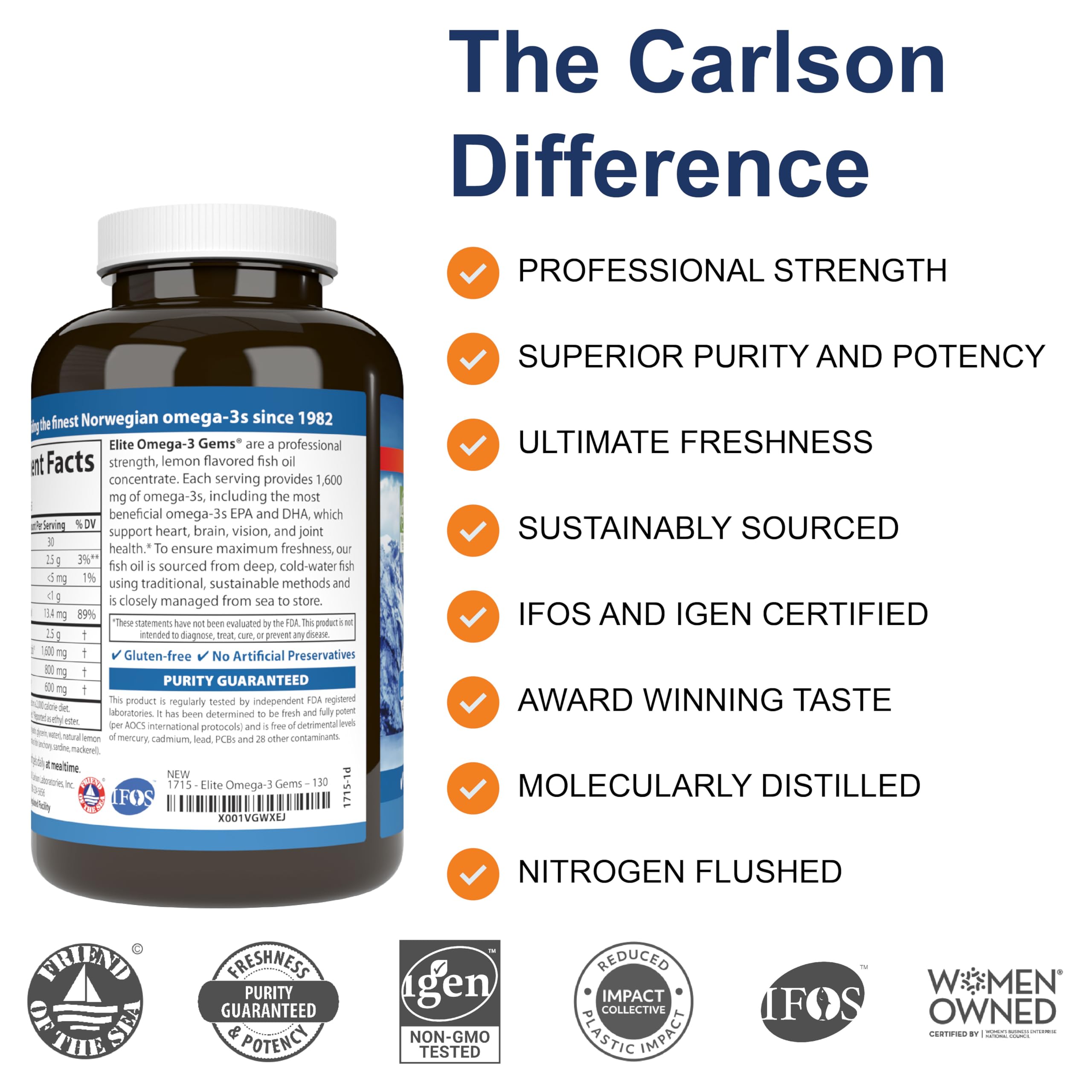 Carlson Elite Omega-3 Gems EPA and DHA softgels close-up showing golden capsules