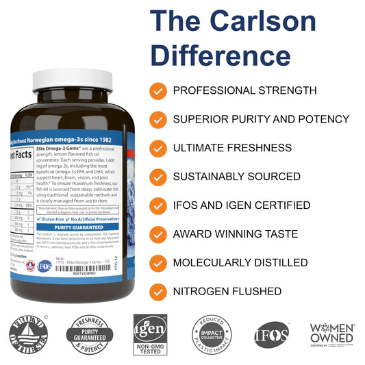 Carlson Elite Omega-3 Gems EPA and DHA softgels close-up showing golden capsules