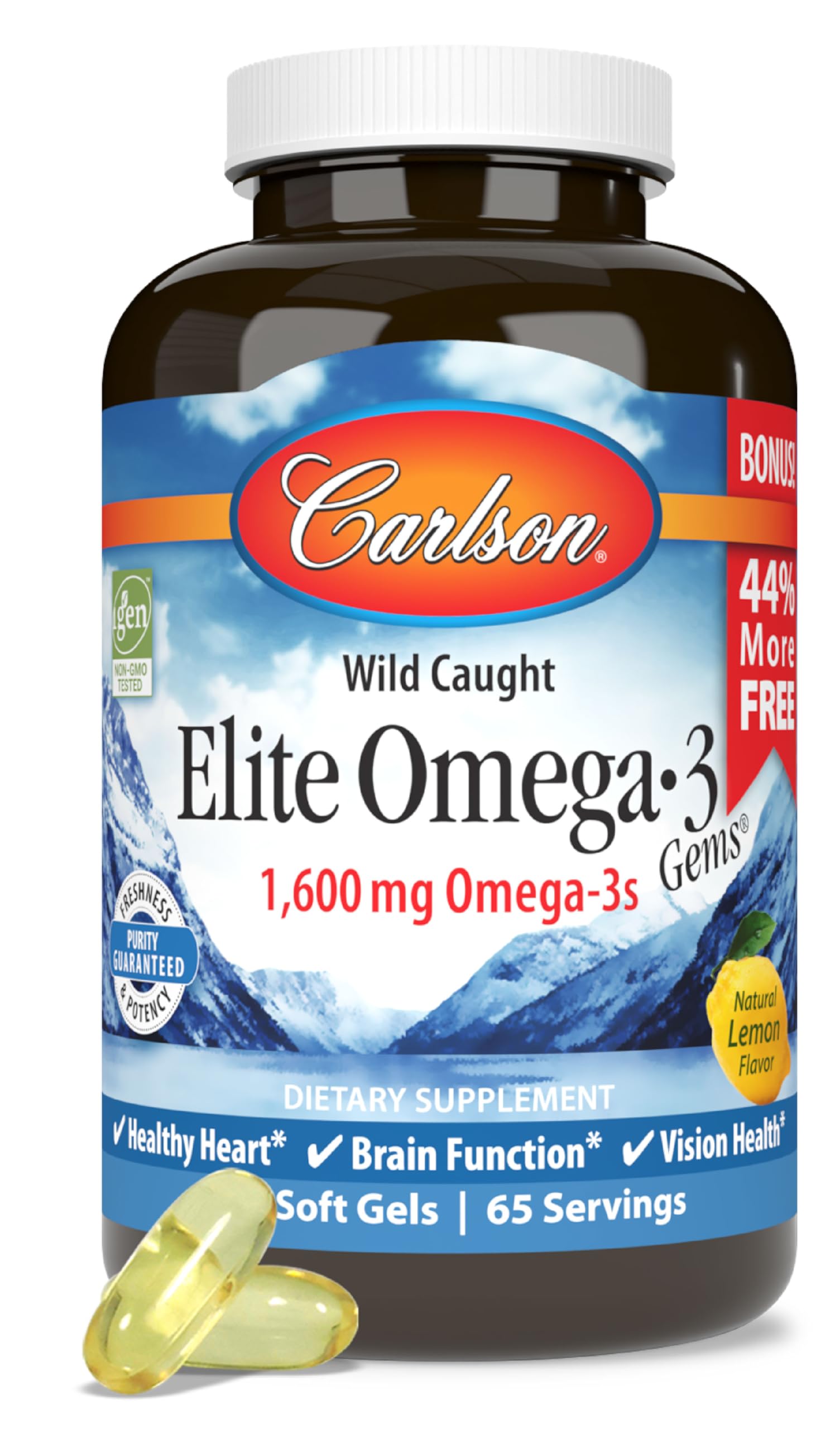 Carlson Elite Omega-3 Gems lemon softgel bottle with clear label and refreshing flavor