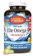 Carlson Elite Omega-3 Gems lemon softgel bottle with clear label and refreshing flavor