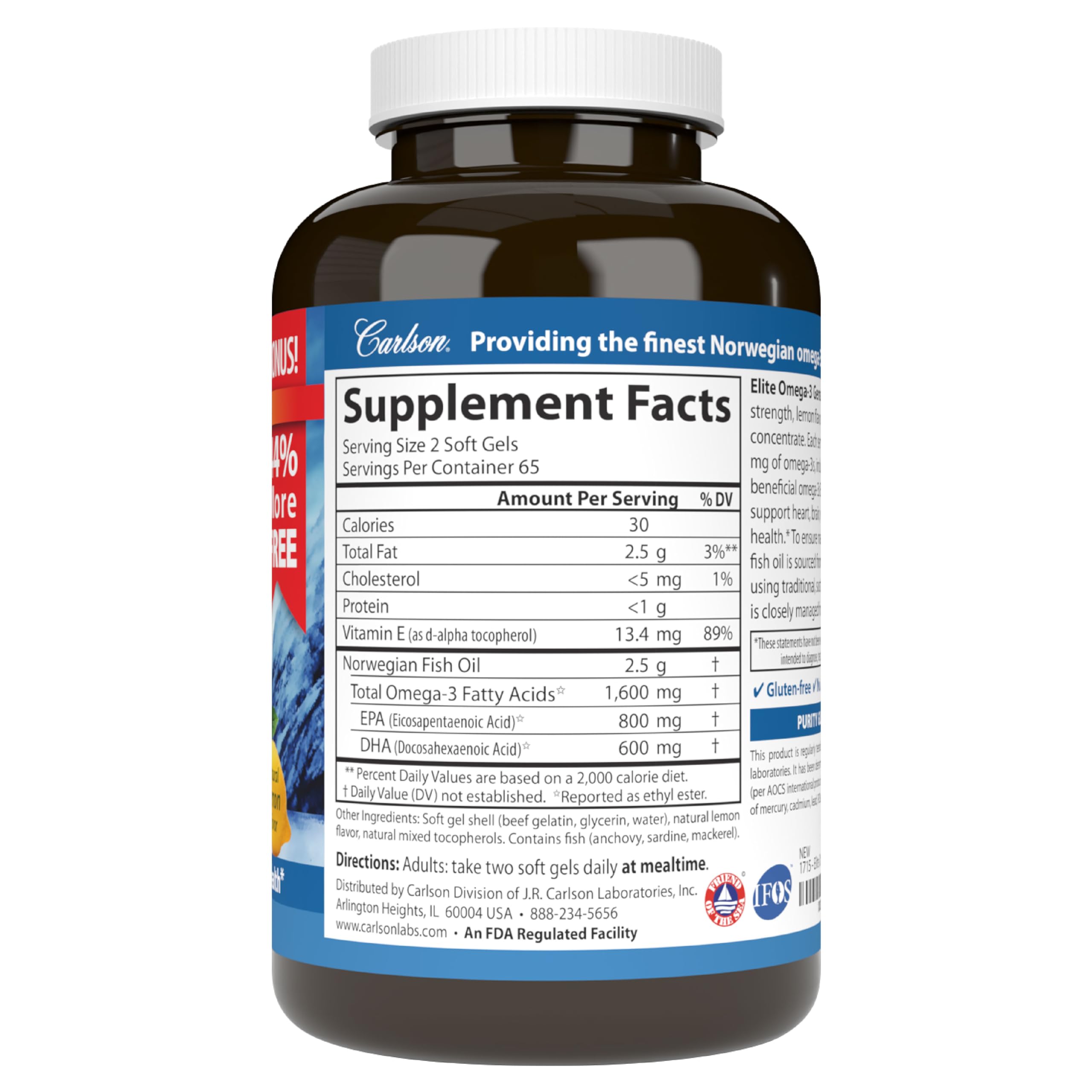 Carlson Elite Omega-3 Gems Norwegian-sourced fish oil in premium bottle