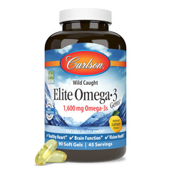 Carlson Elite Omega-3 Gems sustainability and non-GMO certification icons on label.