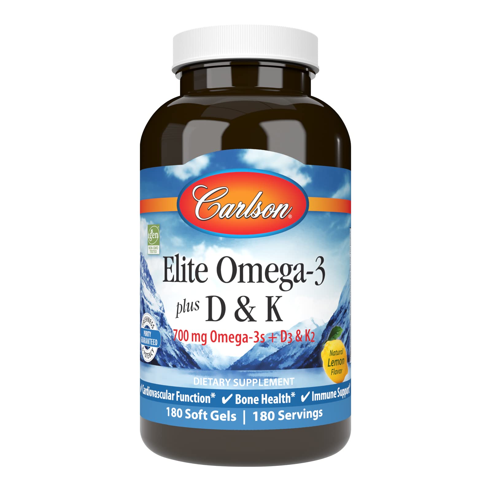 Carlson Elite Omega-3 Plus D-K lemon bottle front highlighting EPA and DHA benefits.