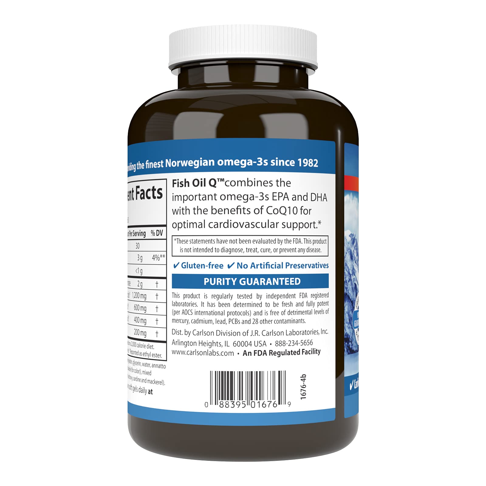Carlson Fish Oil Q label close-up emphasizing potency, purity, and sustainability