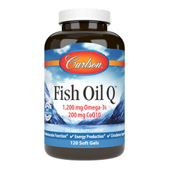 Carlson Fish Oil Q bottle with softgels supporting energy and circulatory wellness
