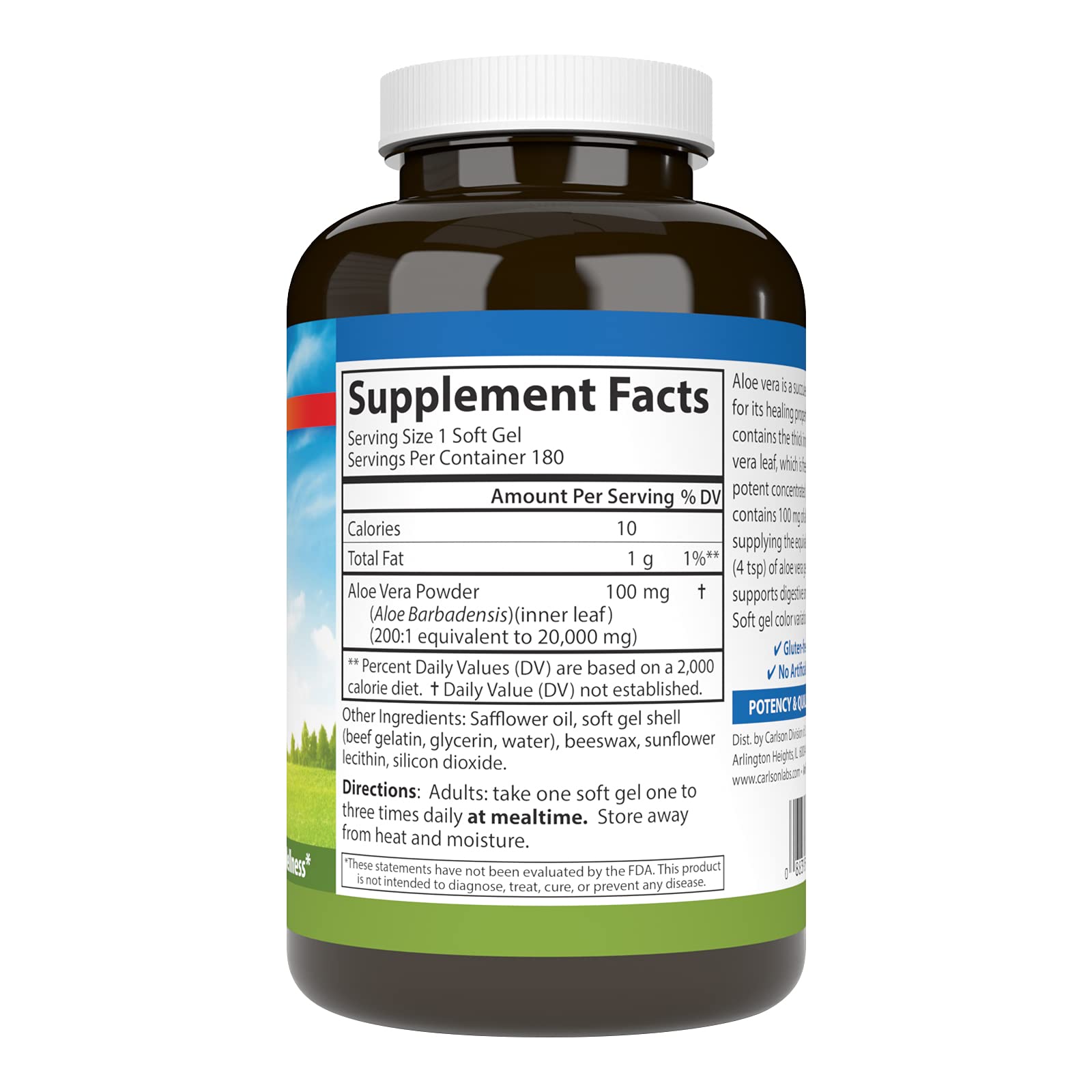 Carlson Golden Aloe bottle back displays ingredients and potency.