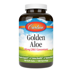 Carlson Golden Aloe bottle front view supports digestive comfort and wellness.