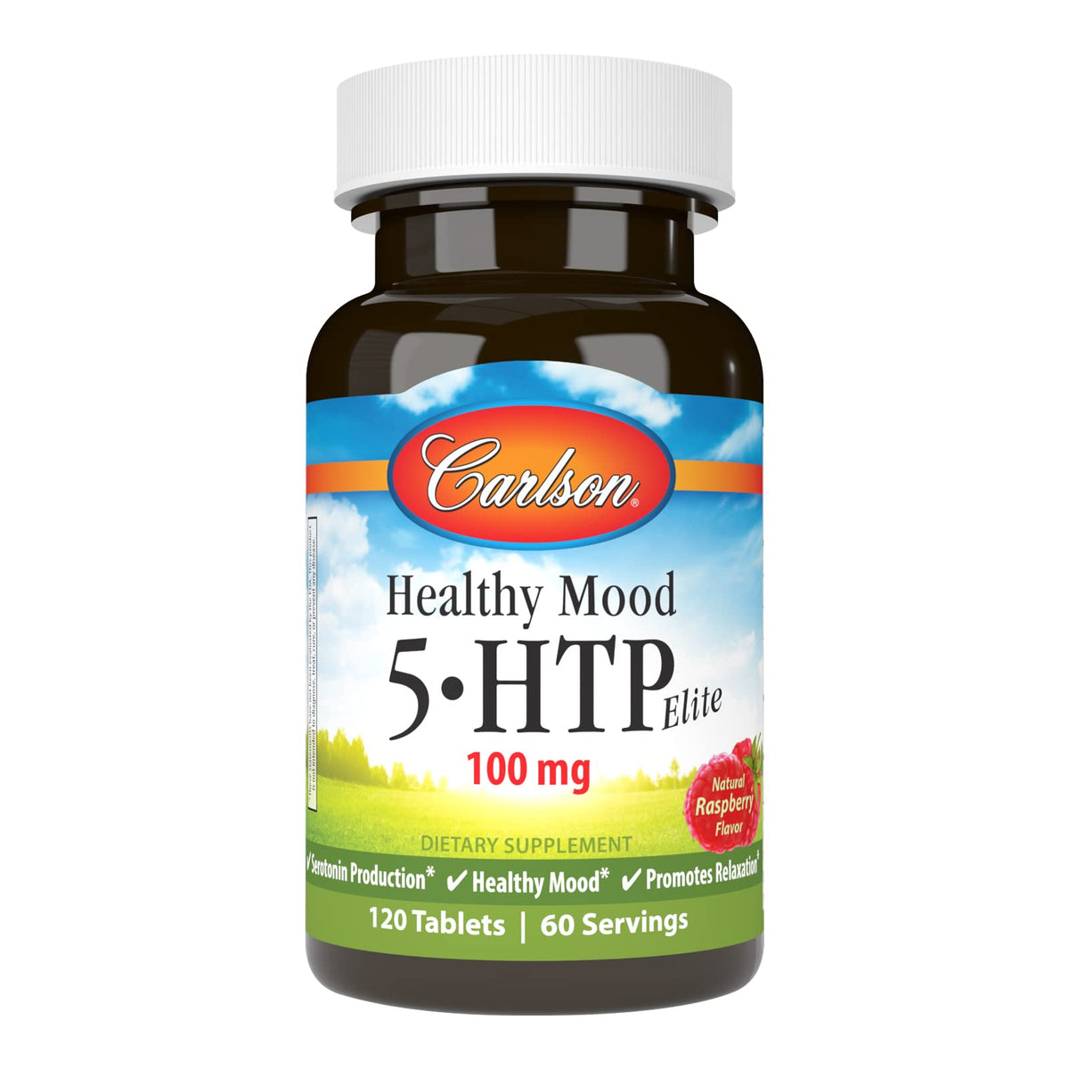 Carlson Healthy Mood 5-HTP Elite bottle with 120 raspberry-flavored tablets for daily mood support.