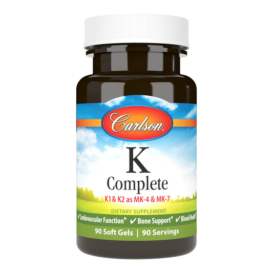 Carlson K Complete softgels bottle showing a comprehensive vitamin K blend for daily support.