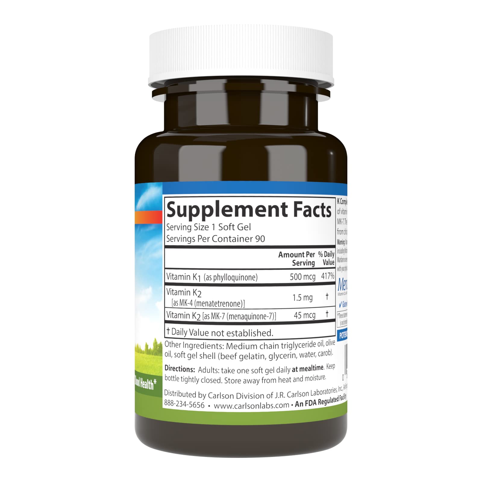 Closeup of capsules highlighting K1, MK-4, MK-7 formula for balance.
