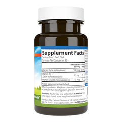 Closeup of capsules highlighting K1, MK-4, MK-7 formula for balance.