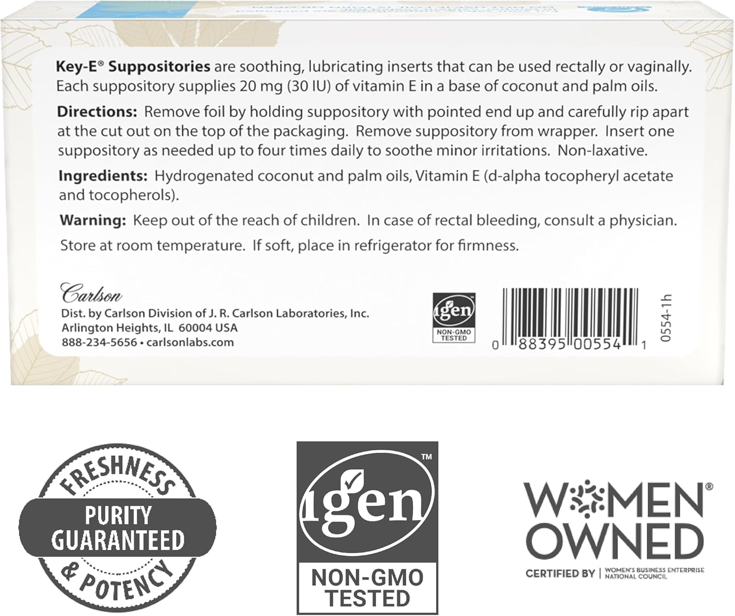 Carlson Key-E suppositories IGEN non-GMO badge communicates safety and quality