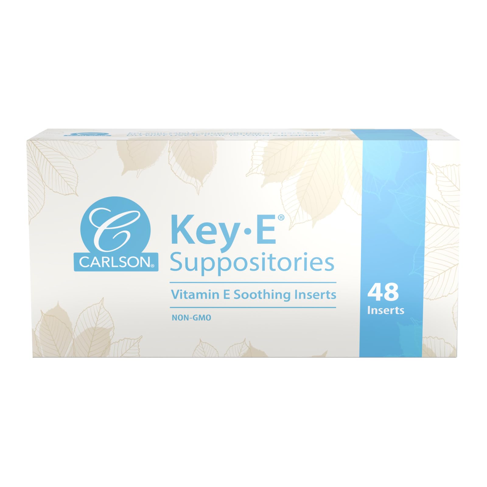 Carlson Key-E suppositories packaging front highlights 48-count box and vitamin E nourishment