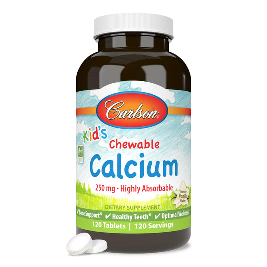 Carlson Kids Calcium 250 mg bottle, vanilla chewables for bone support.