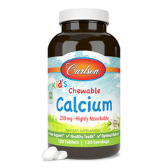 Carlson Kids Calcium 250 mg bottle, vanilla chewables for bone support.