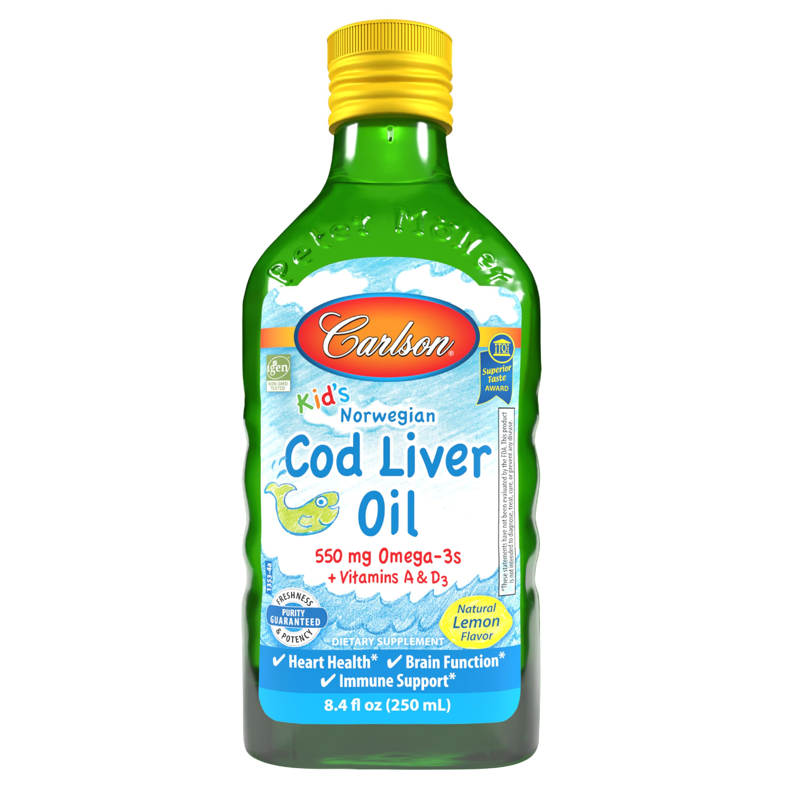 Carlson Kid's Cod Liver Oil lemon bottle, brand and flavor.