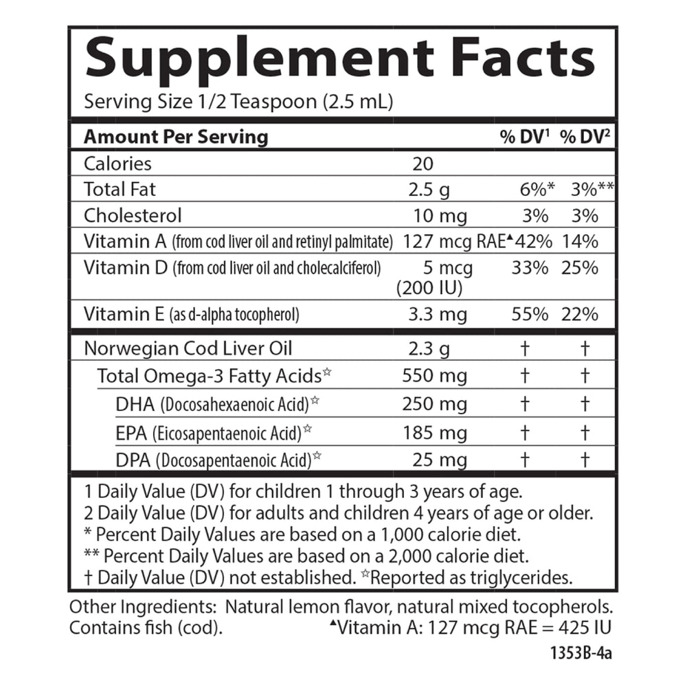 Carlson Kid's Cod Liver Oil lemon flavor supports kid-friendly dosing.