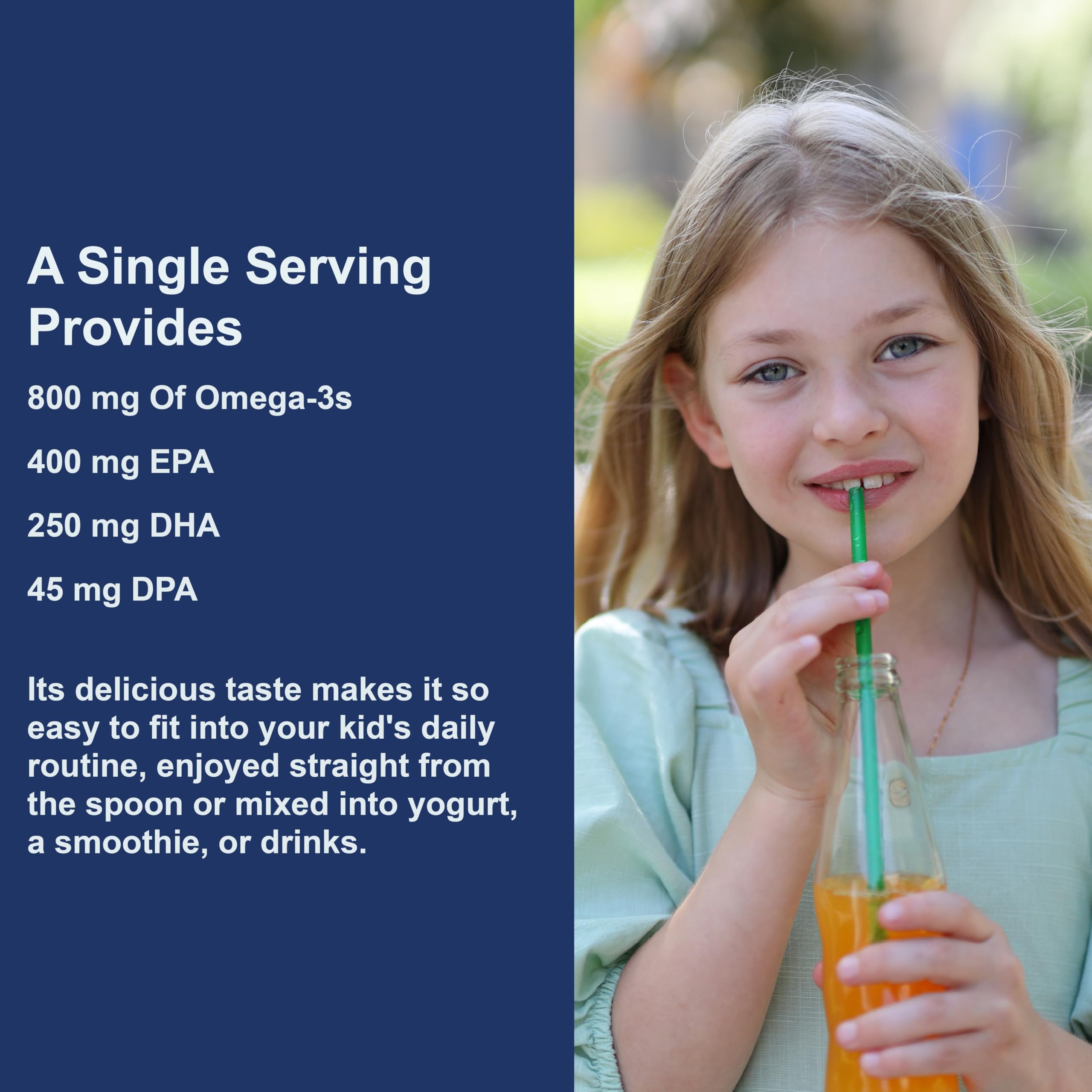 Carlson Kids orange-flavored liquid in measuring spoon for serving