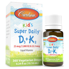 Carlson Kid's Super Daily D3+K2 bottle shows unflavored liquid for easy dosing.