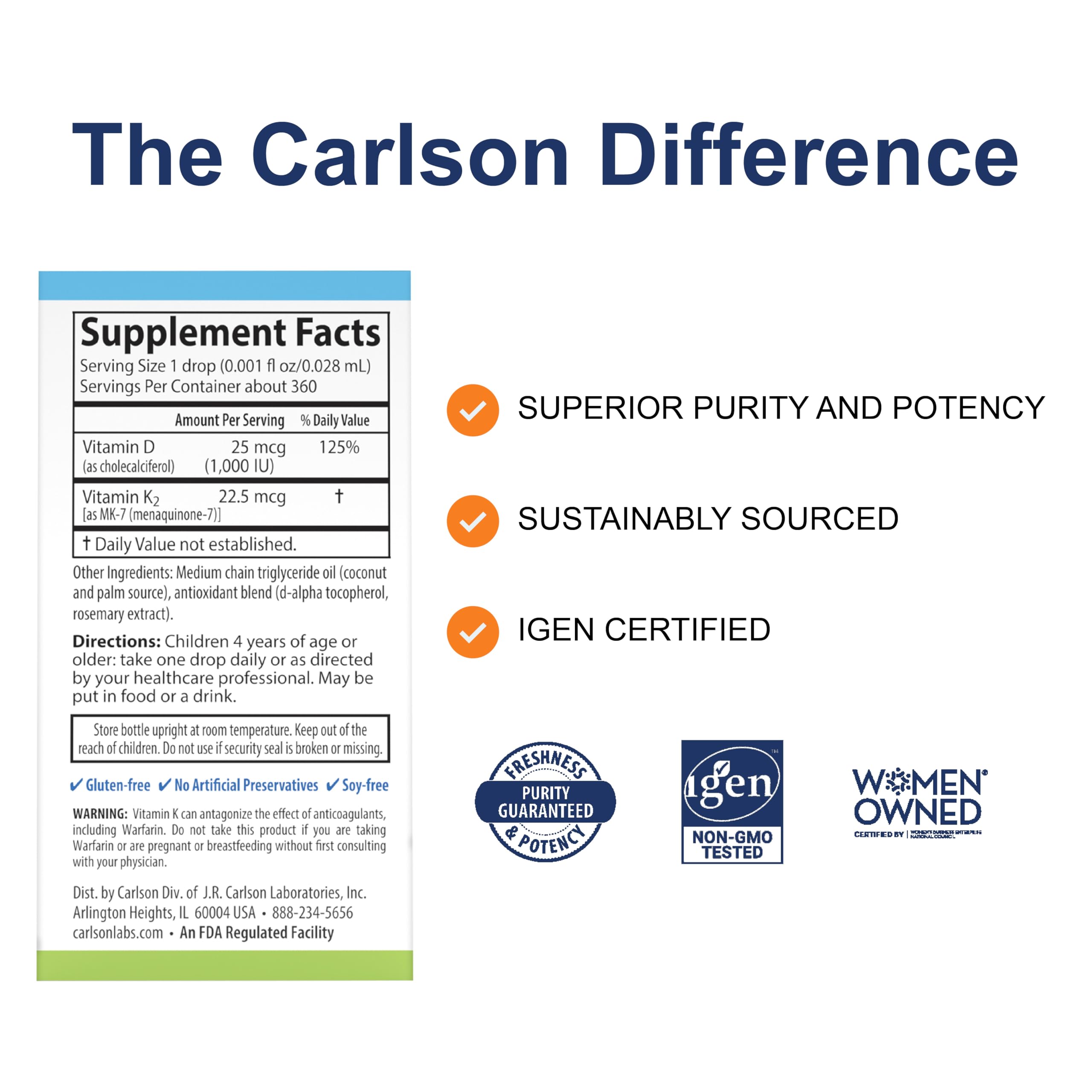 Carlson Kid's Super Daily D3+K2 euro dropper enables precise, mess-free dosing.