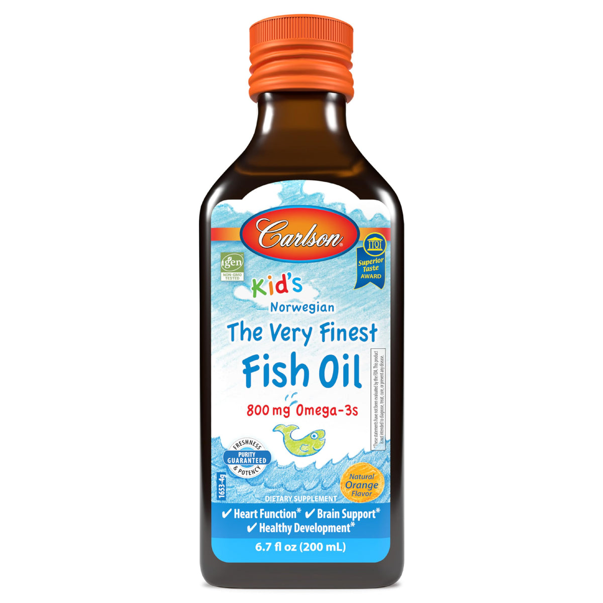Carlson Kids The Very Finest Fish Oil orange bottle front view for kid-friendly omega-3 intake