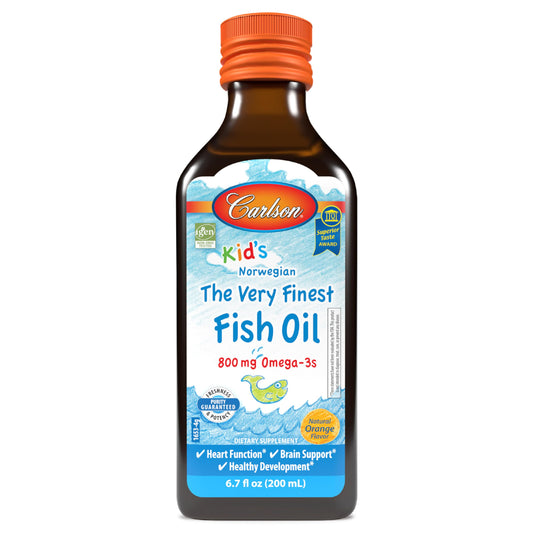 Carlson Kids The Very Finest Fish Oil orange bottle front view for kid-friendly omega-3 intake