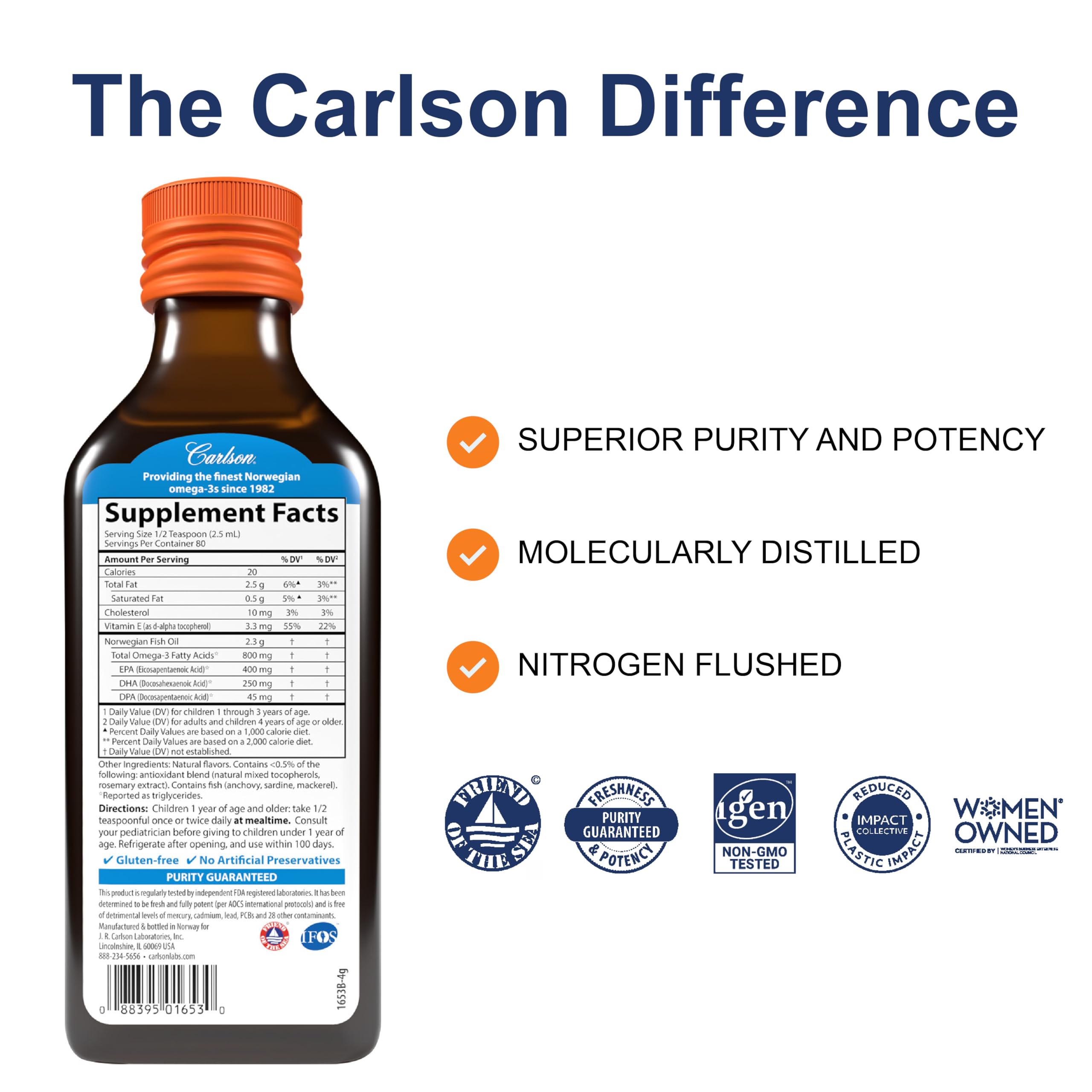 Carlson Kids orange bottle label close-up highlighting features and omega-3 content