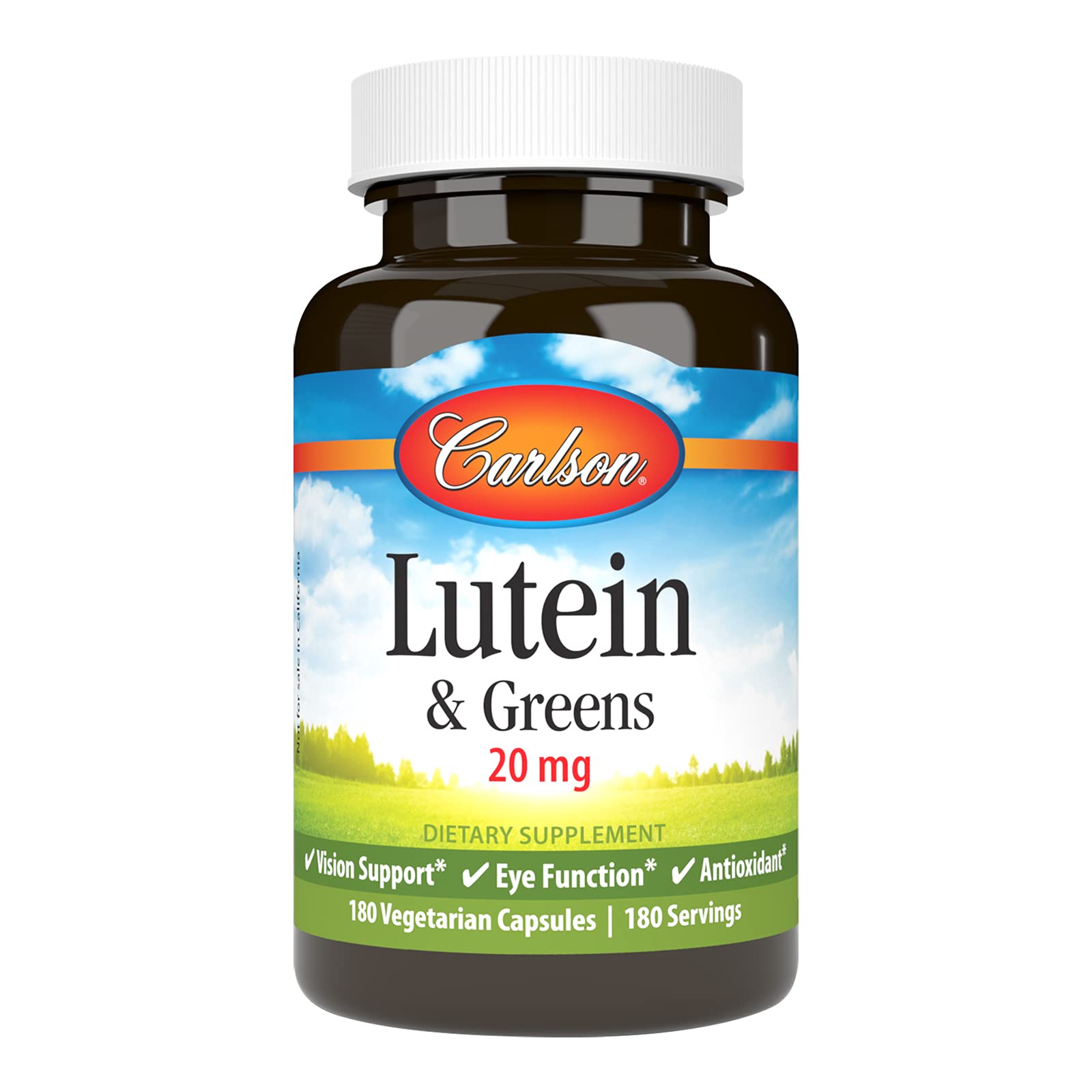 Carlson Lutein & Greens bottle front promoting eye health support