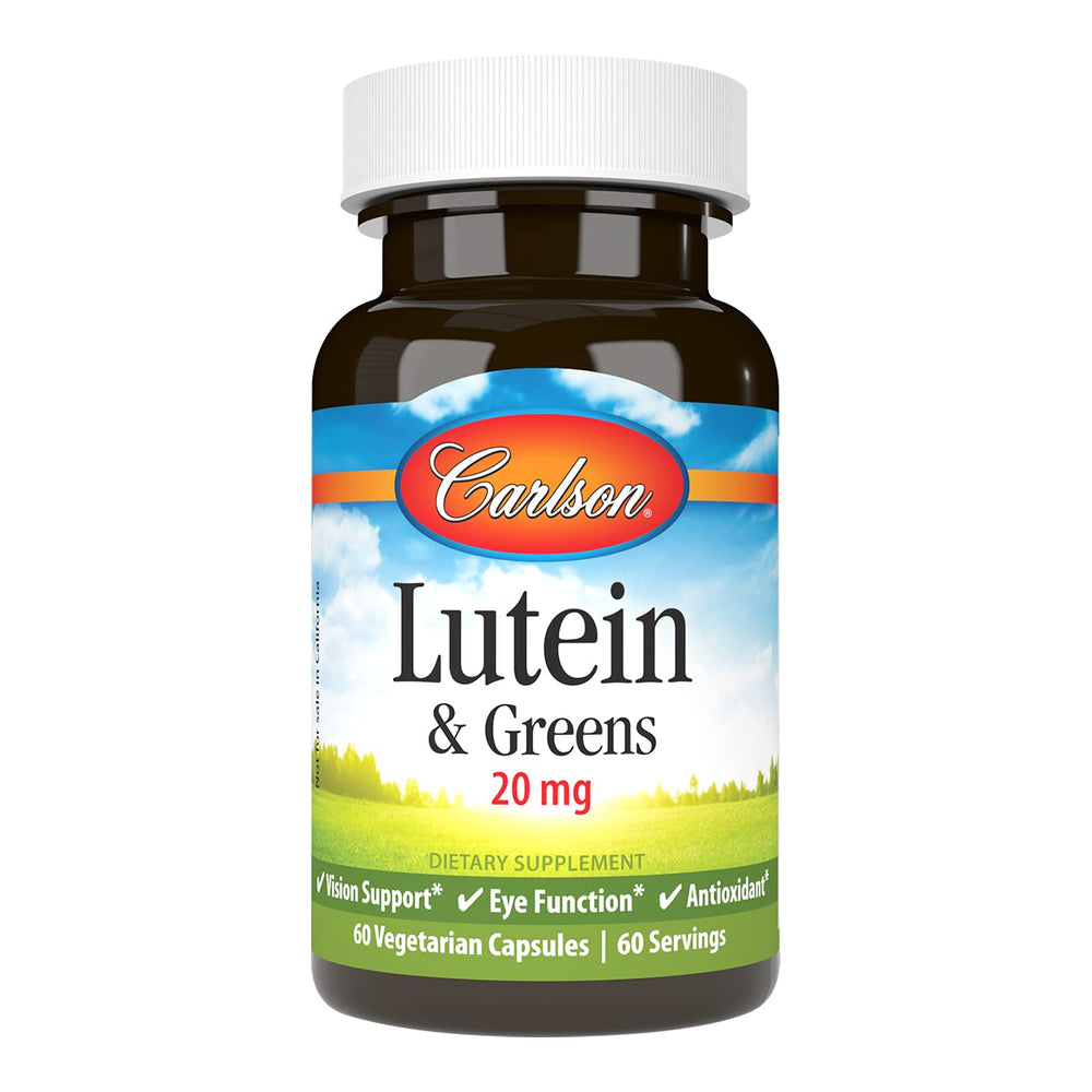 Carlson Lutein & Greens bottle pour supports easy daily eye care.