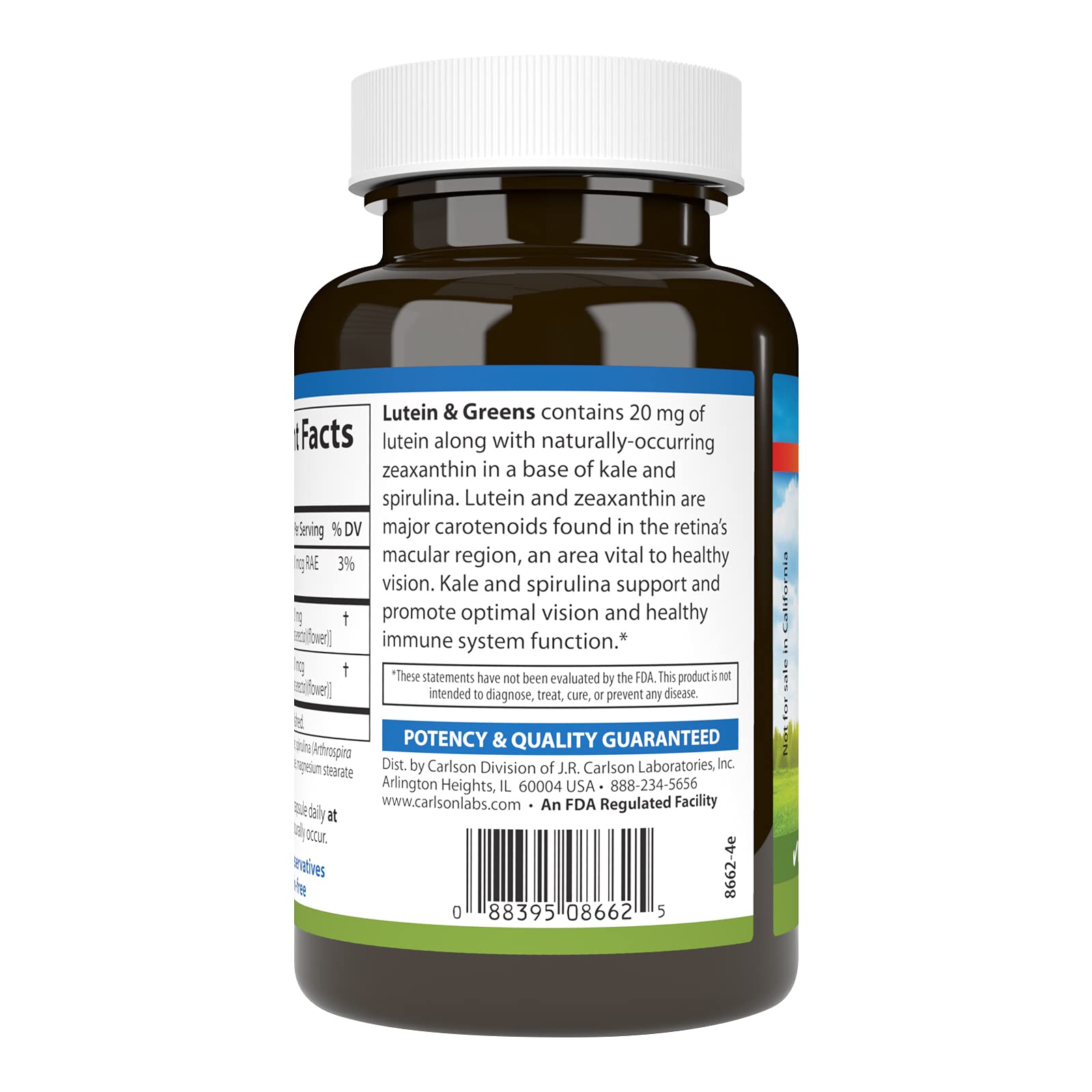 Carlson Lutein & Greens capsules close-up showing vegetarian formula