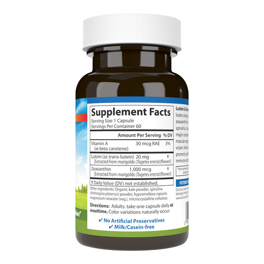 Carlson Lutein & Greens capsules closeup highlights lutein and zeaxanthin.