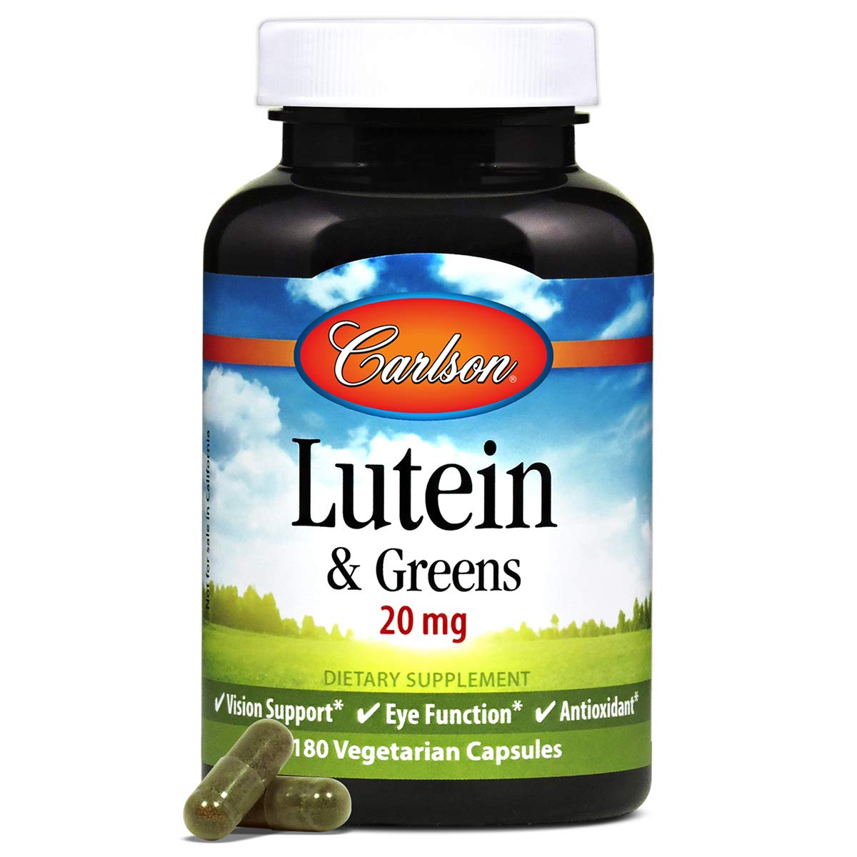 Carlson Lutein & Greens bottle on desk for daily eye care routine