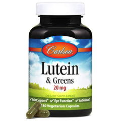 Carlson Lutein & Greens bottle on desk for daily eye care routine