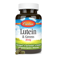 Carlson Lutein & Greens label close-up highlighting potency and quality