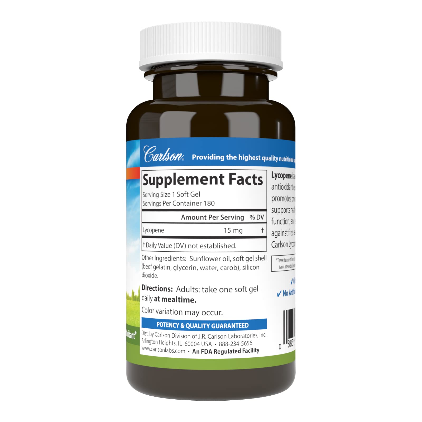 Close-up of Carlson Lycopene 15 mg capsules highlighting tomato-free formula for wellness
