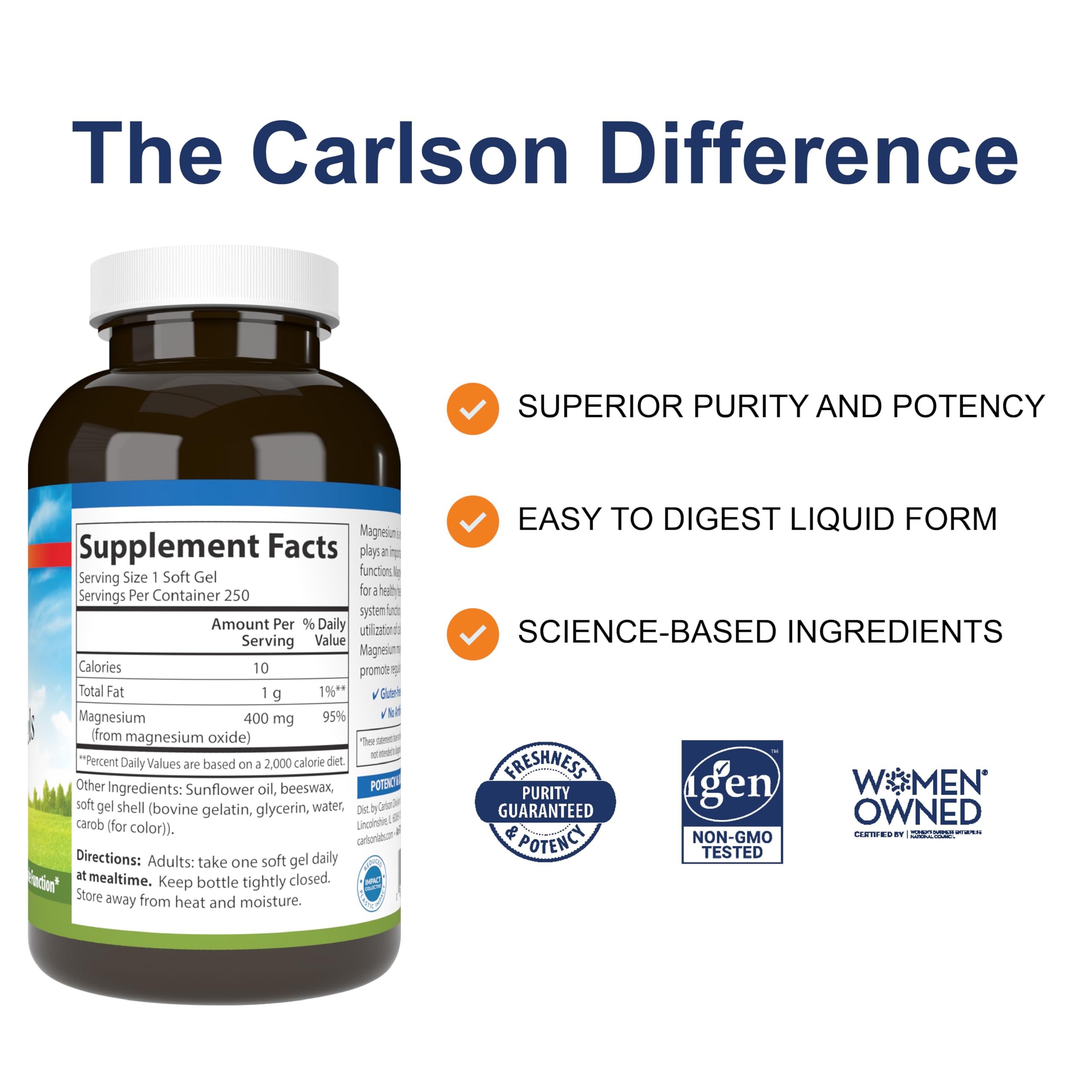 Carlson Magnesium Gels softgels closeup emphasizes easy-to-swallow capsules.