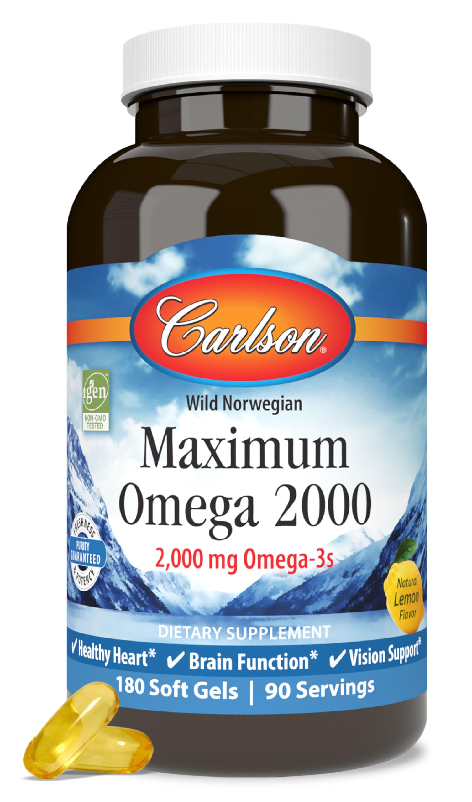 Carlson Maximum Omega 2000 bottle for easy daily omega-3 intake.