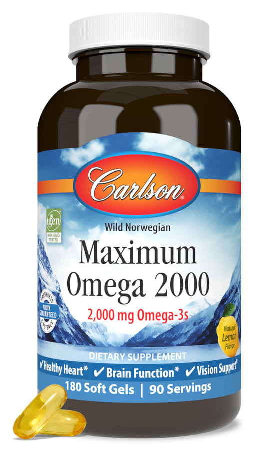 Carlson Maximum Omega 2000 bottle for easy daily omega-3 intake.