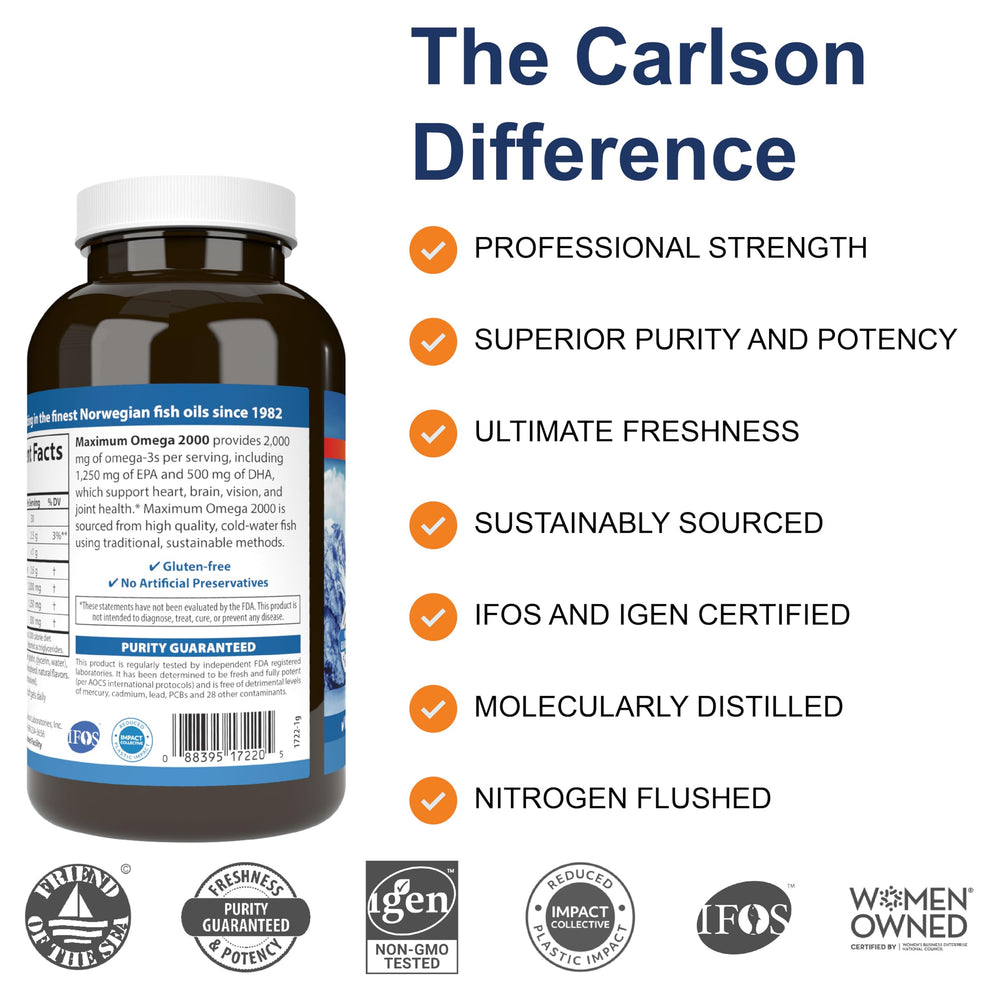 Carlson Maximum Omega 2000 label shows dosage and certifications.