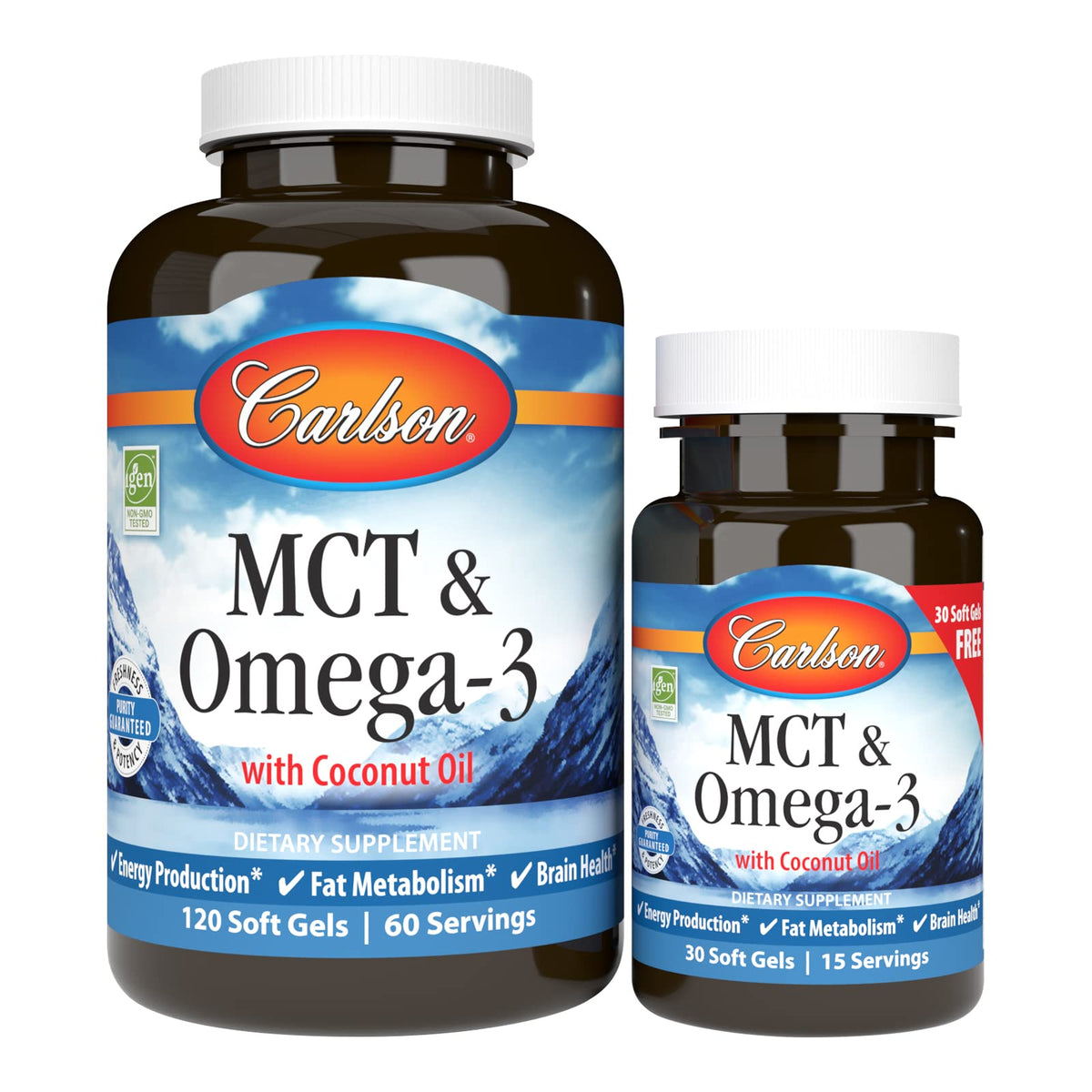 Carlson MCT Omega-3 coconut oil softgels bottle boosts energy and supports brain health.
