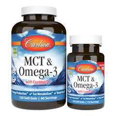 Carlson MCT Omega-3 coconut oil softgels bottle boosts energy and supports brain health.