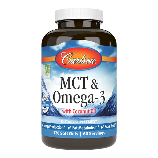 Carlson MCT and Omega-3 softgels bottle-front view for convenient daily energy support.
