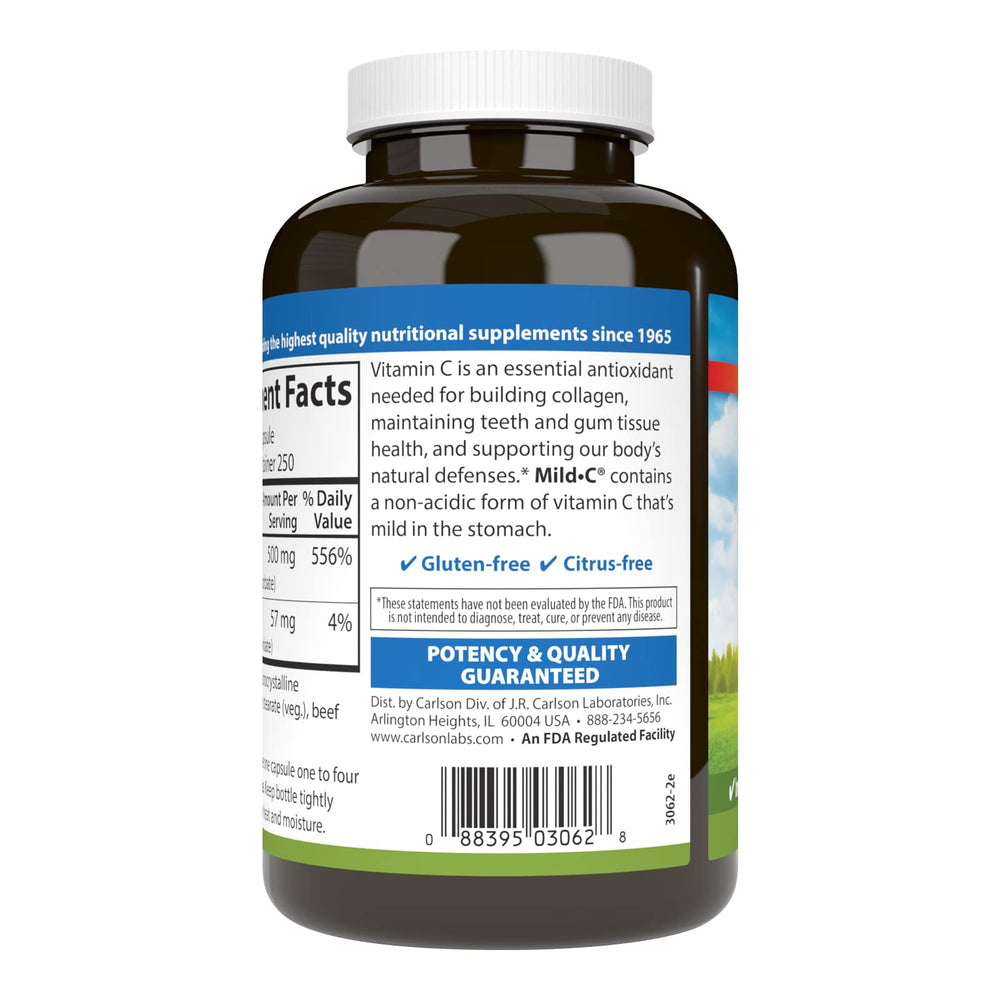Carlson Mild-C label detail highlighting dosage and buffered formulation