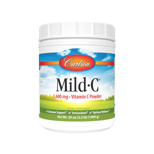 Carlson Mild-C bottle closeup showing label and citrus vitamin C powder