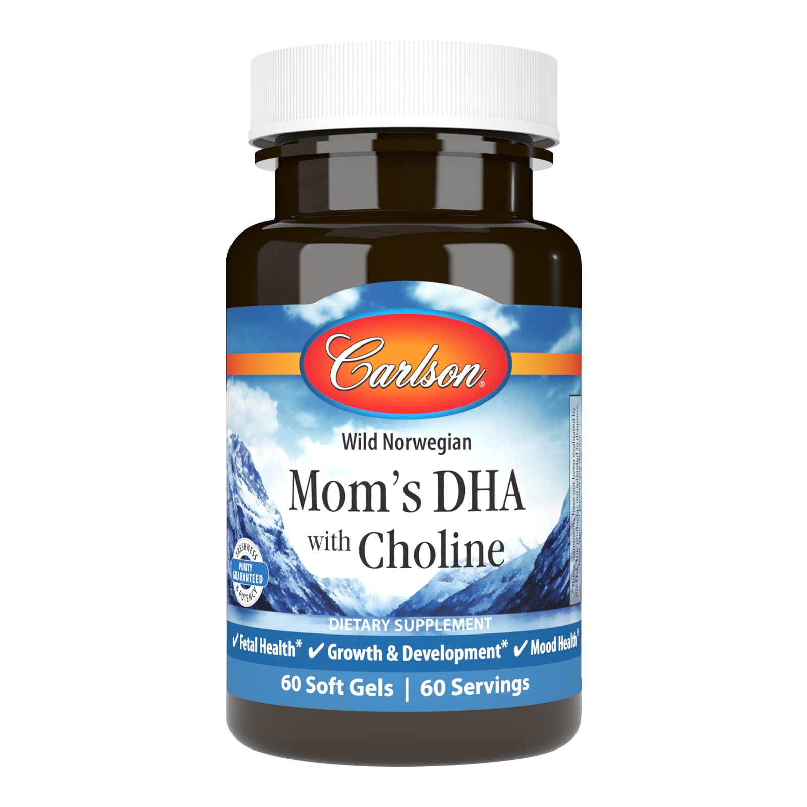 Carlson Mom's DHA with Choline bottle showing easy daily use for mothers