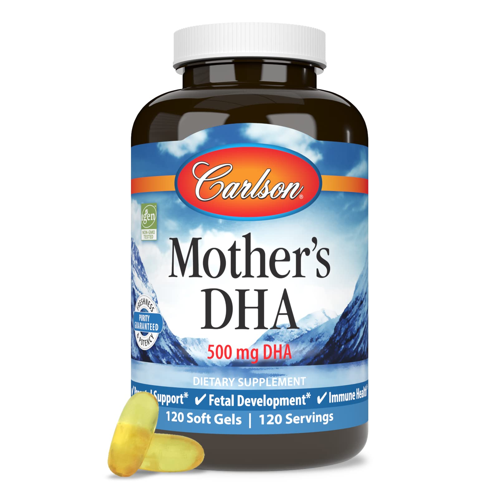 Carlson Mother's DHA bottle with glass illustrates easy daily supplementation