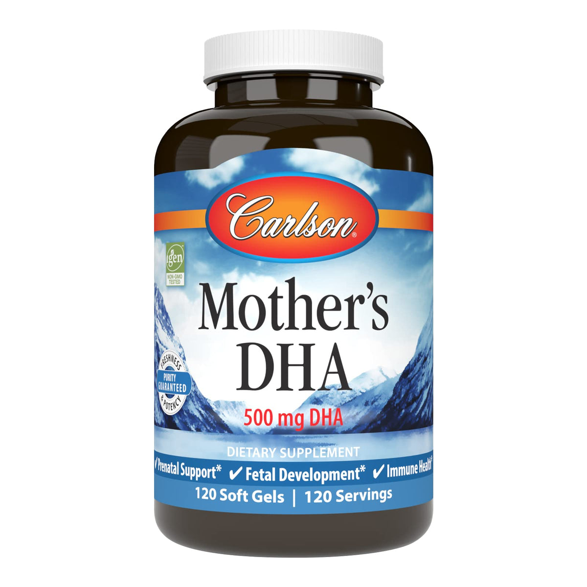 Carlson Mother's DHA softgel bottle on countertop supports prenatal brain health
