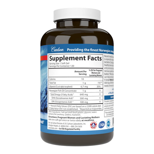 Carlson Mother's DHA pour of softgels highlights easy-to-swallow prenatal nutrition
