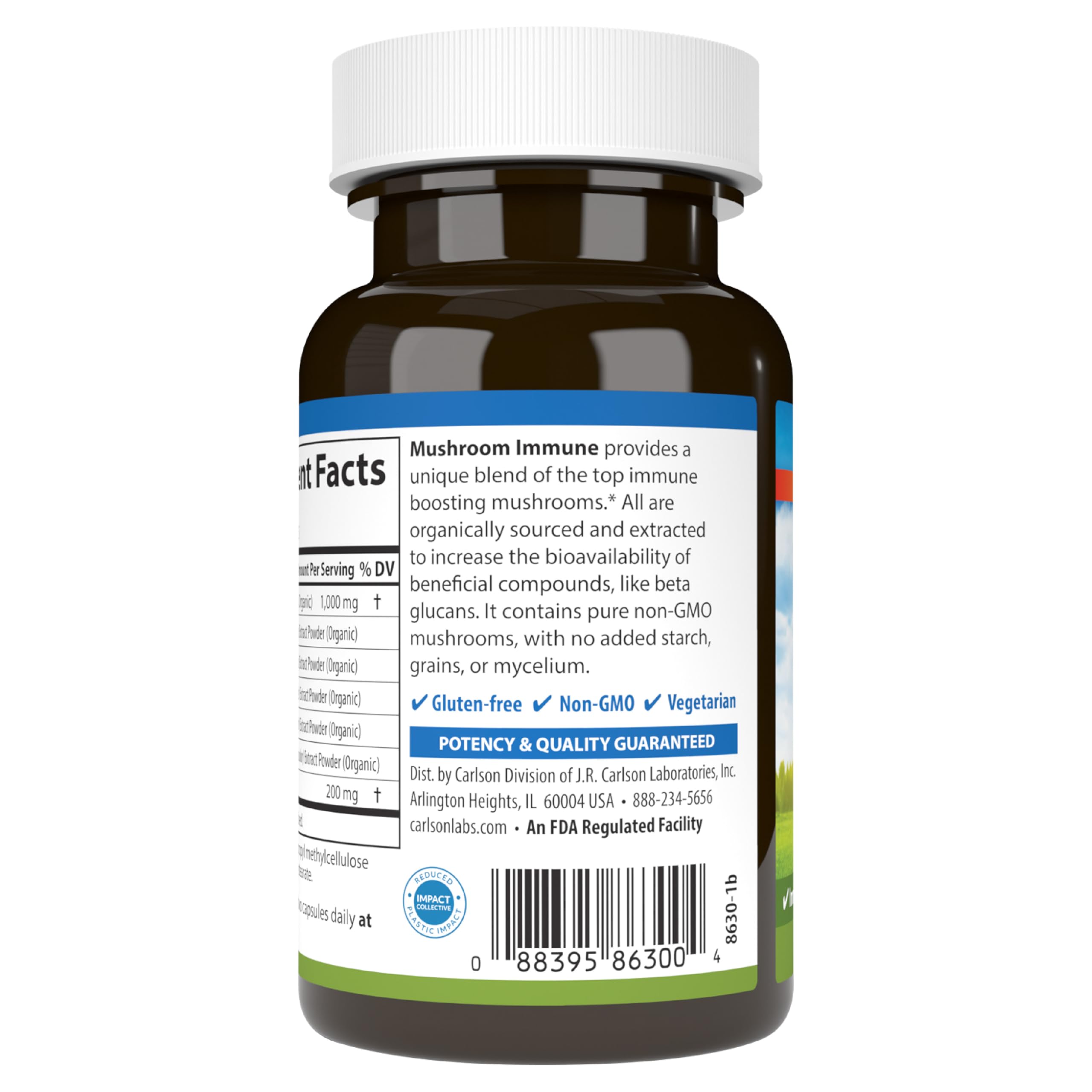 Carlson Mushroom Complex bottle side view highlighting capsule count.
