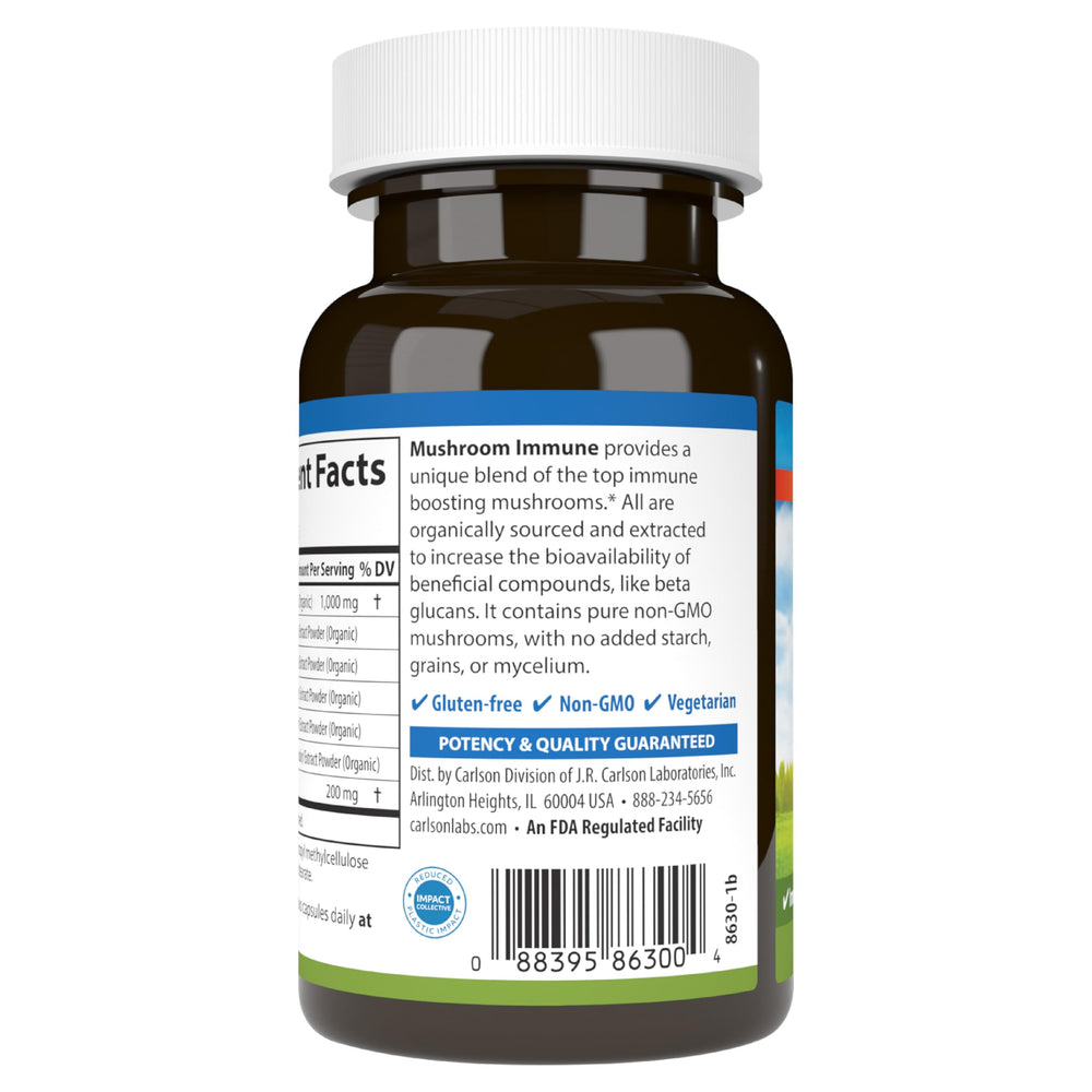 Carlson Mushroom Complex bottle side view highlighting capsule count.